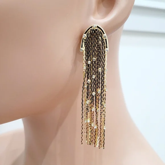 Brand New Gold Tone Rhinestone Tassel Long Earrings - Picture 3 of 8